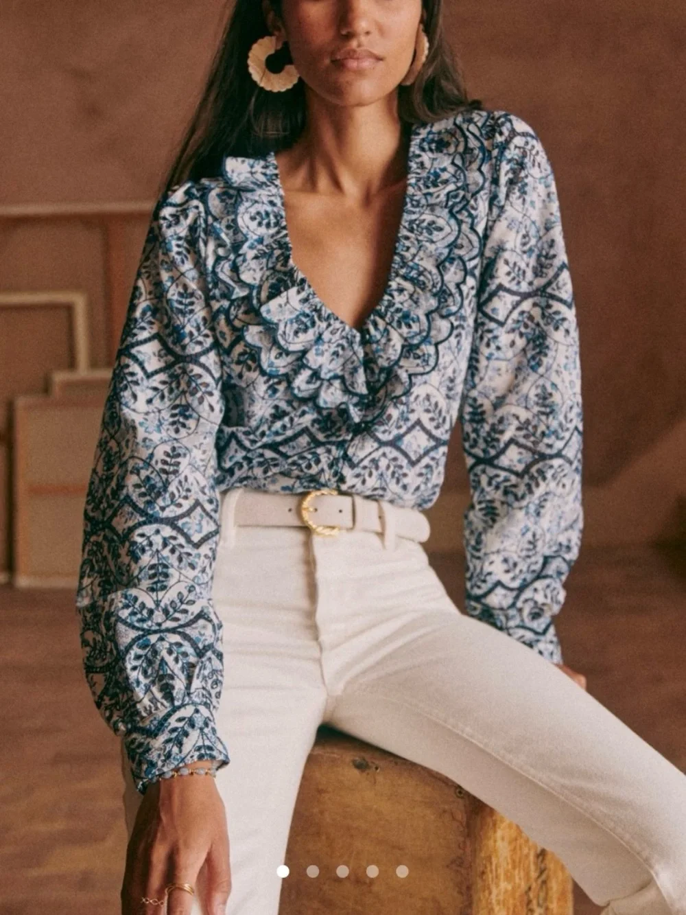 Sézane Oceana Blue and White Floral Ruffle Blouse Brand New!!! - Picture 1 of 7